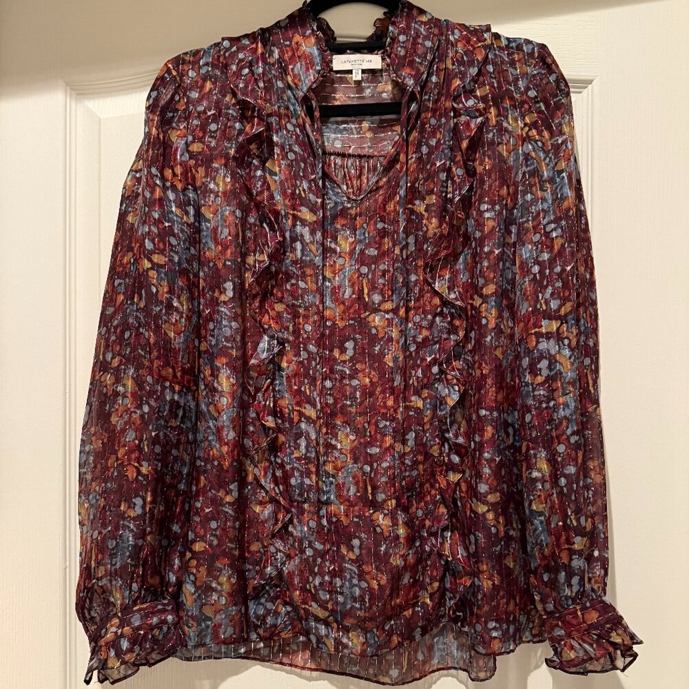 Lafayette 148 | Silk Blend Metallic Sheer Blouse | Brown | Size: S